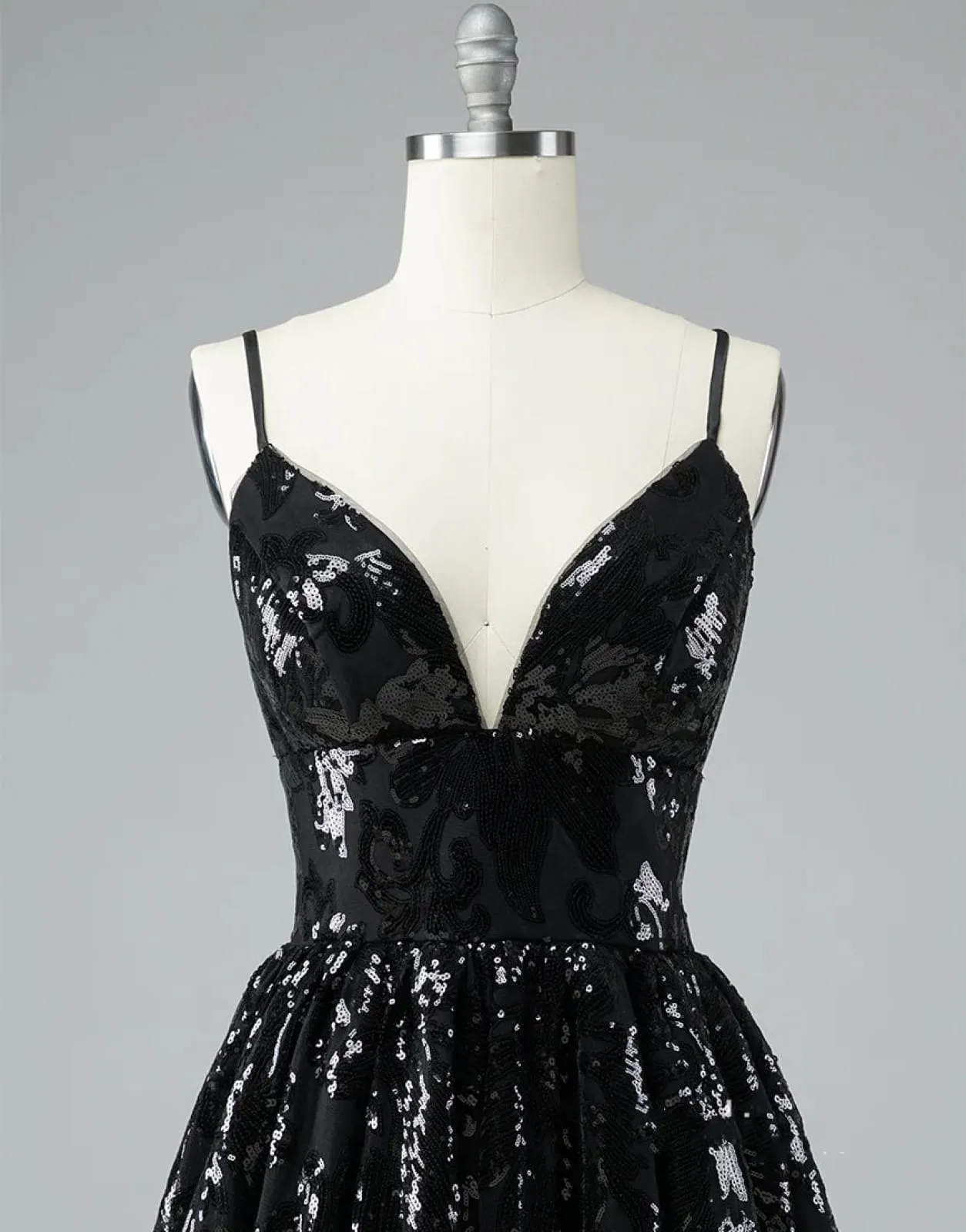 A-Line V Neck Black Lace Glitter Straps Corset Back Homecoming Dress