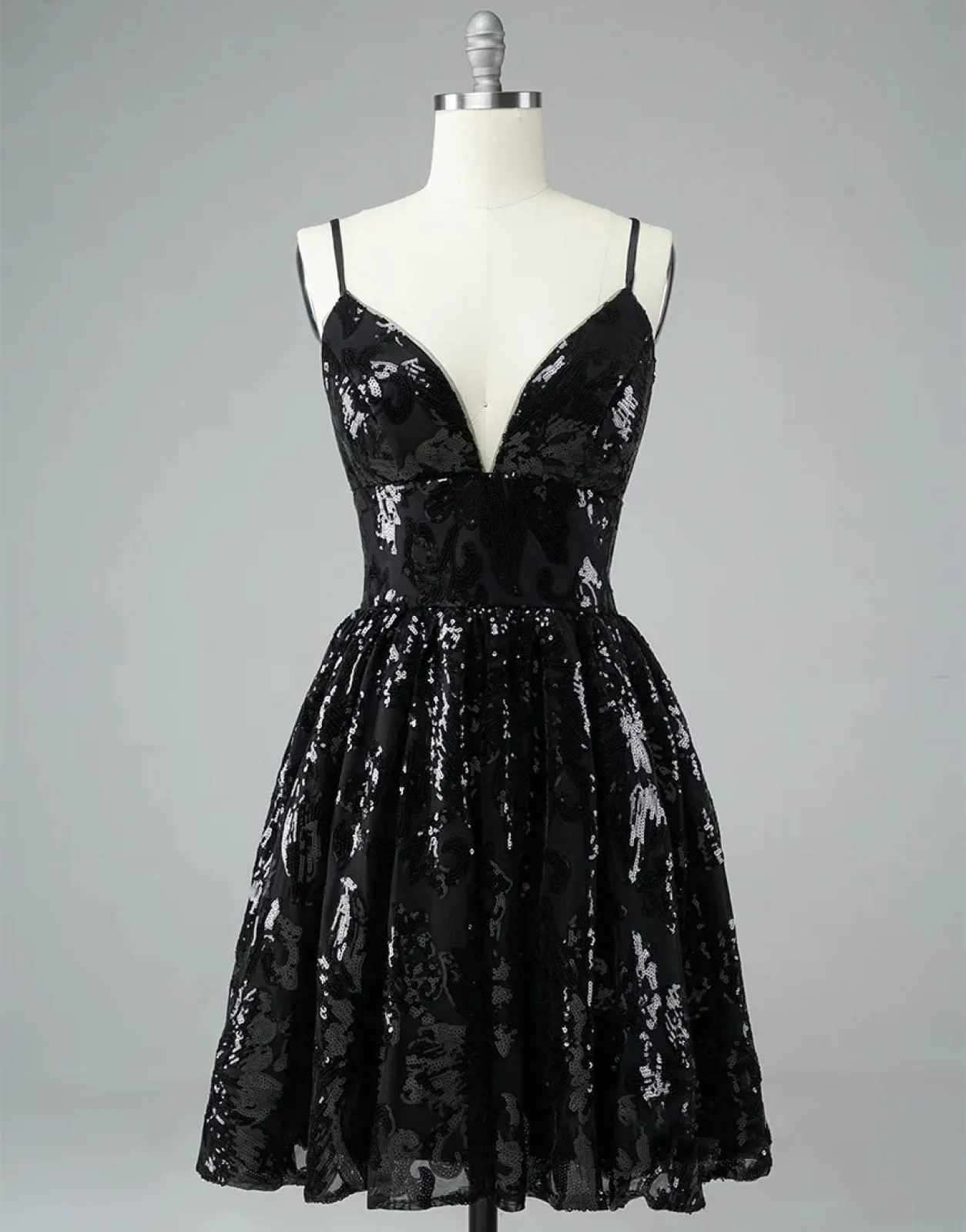 A-Line V Neck Black Lace Glitter Straps Corset Back Homecoming Dress