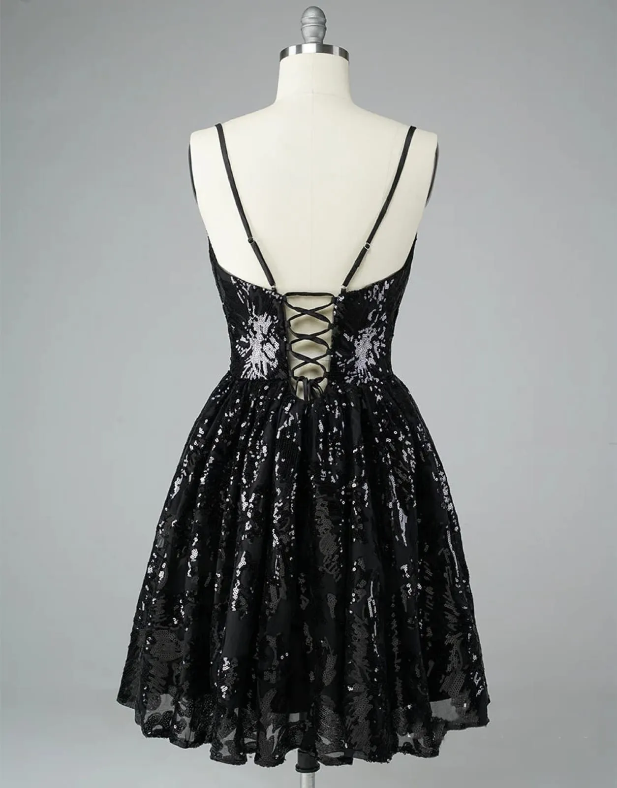 A-Line V Neck Black Lace Glitter Straps Corset Back Homecoming Dress