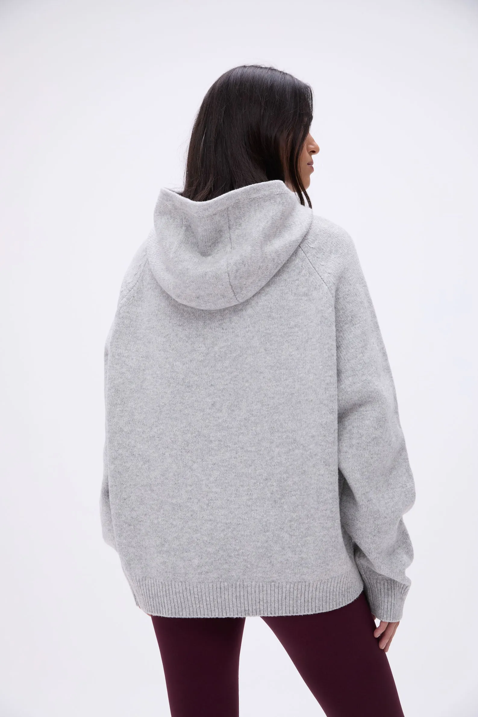 ADA Oversized Knit Hoodie - Light Grey Melange/Burgundy