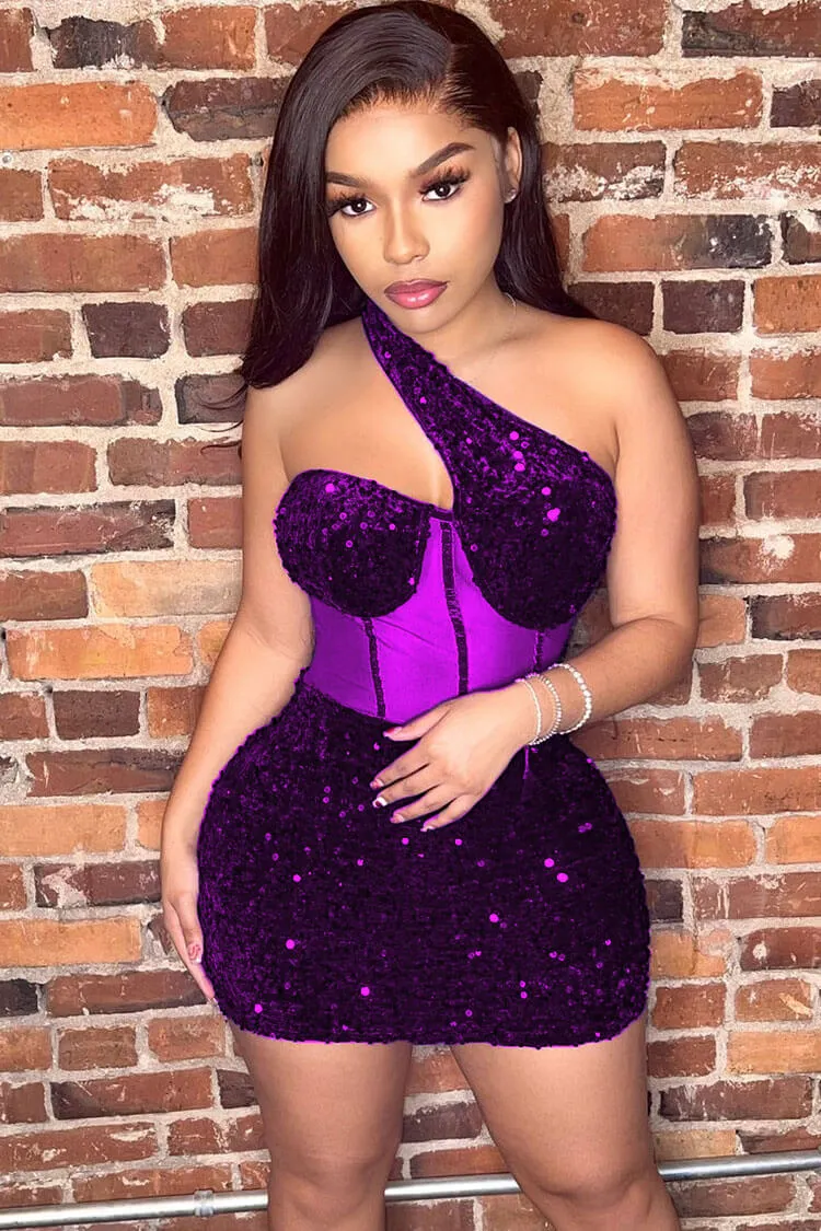 Amozae-hoco dresses -Sparkly One Shoulder Mesh Velvet Sequin Bodycon Party Mini Dress - Purple