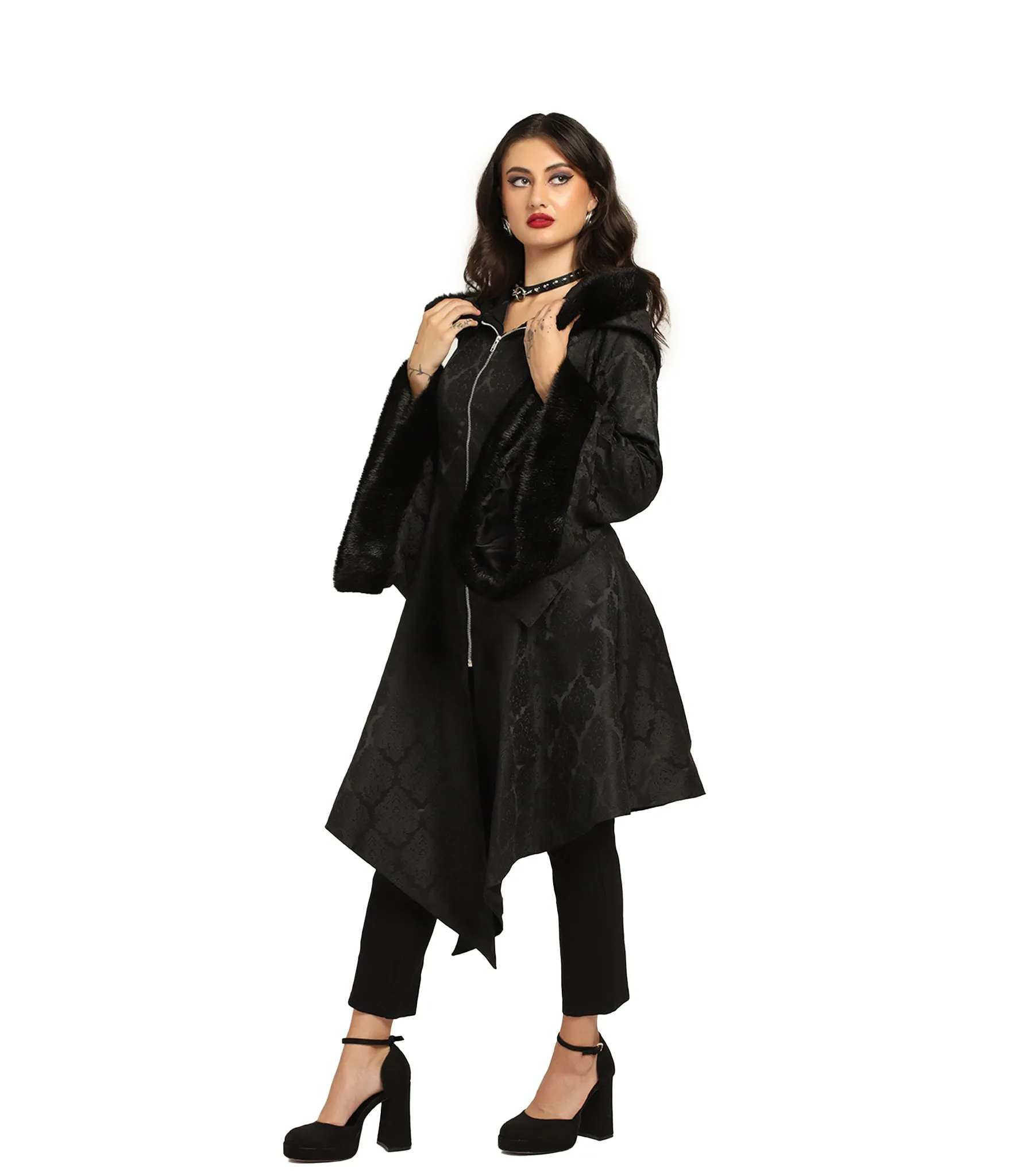 Black Brocade Long Coat with Fur-Trimmed Sleeves and Hood – Wholesale