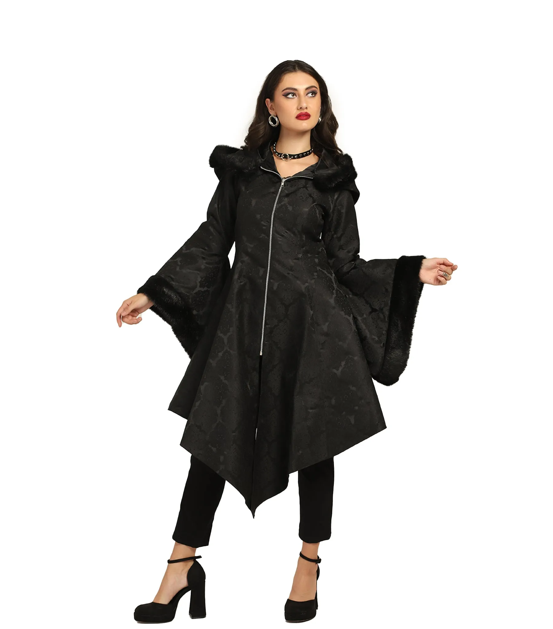 Black Brocade Long Coat with Fur-Trimmed Sleeves and Hood – Wholesale