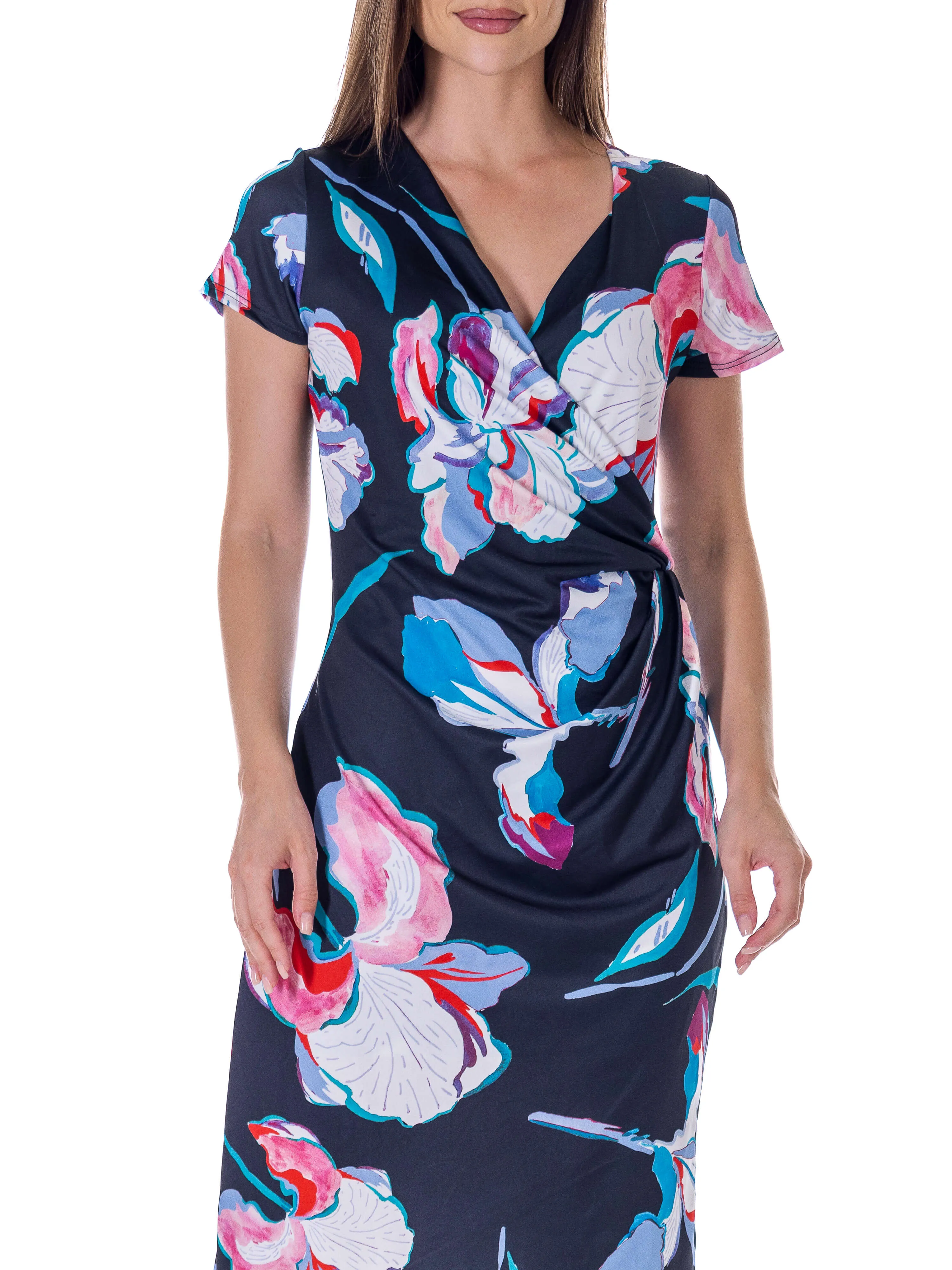 Black Floral Knee Length Short Sleeve Faux Wrap Dress