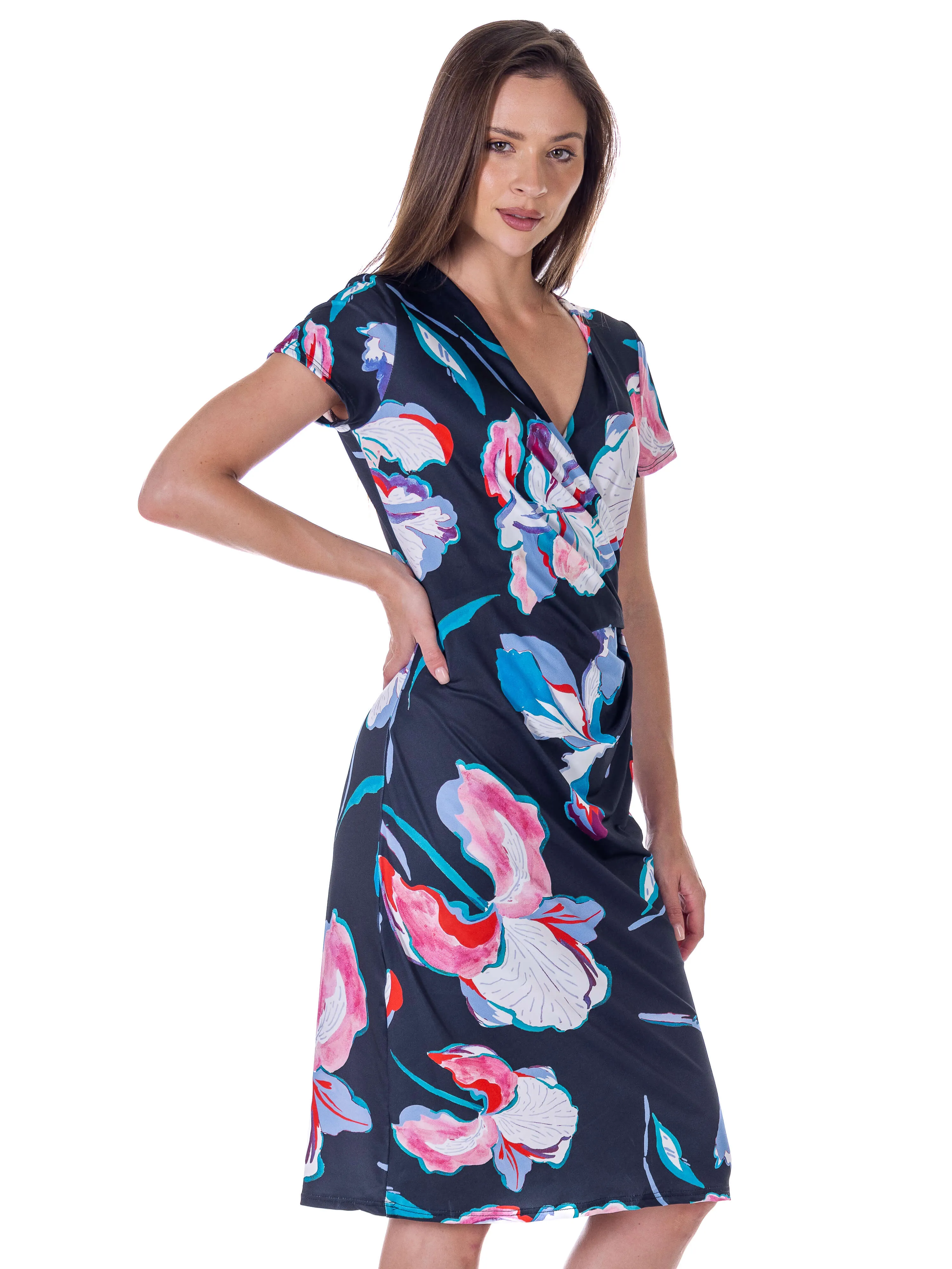 Black Floral Knee Length Short Sleeve Faux Wrap Dress