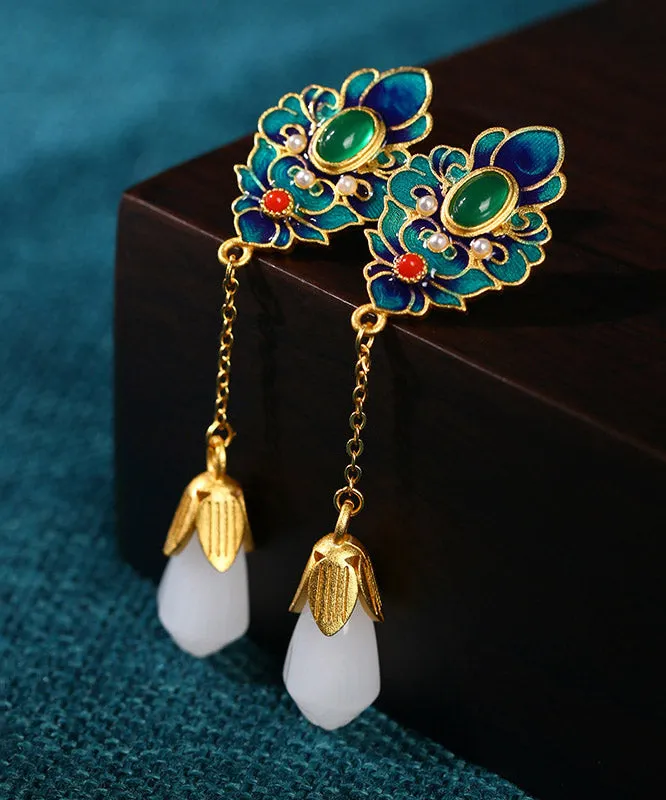 Chic Blue Jade Enamel Agate Orchid Drop Earrings