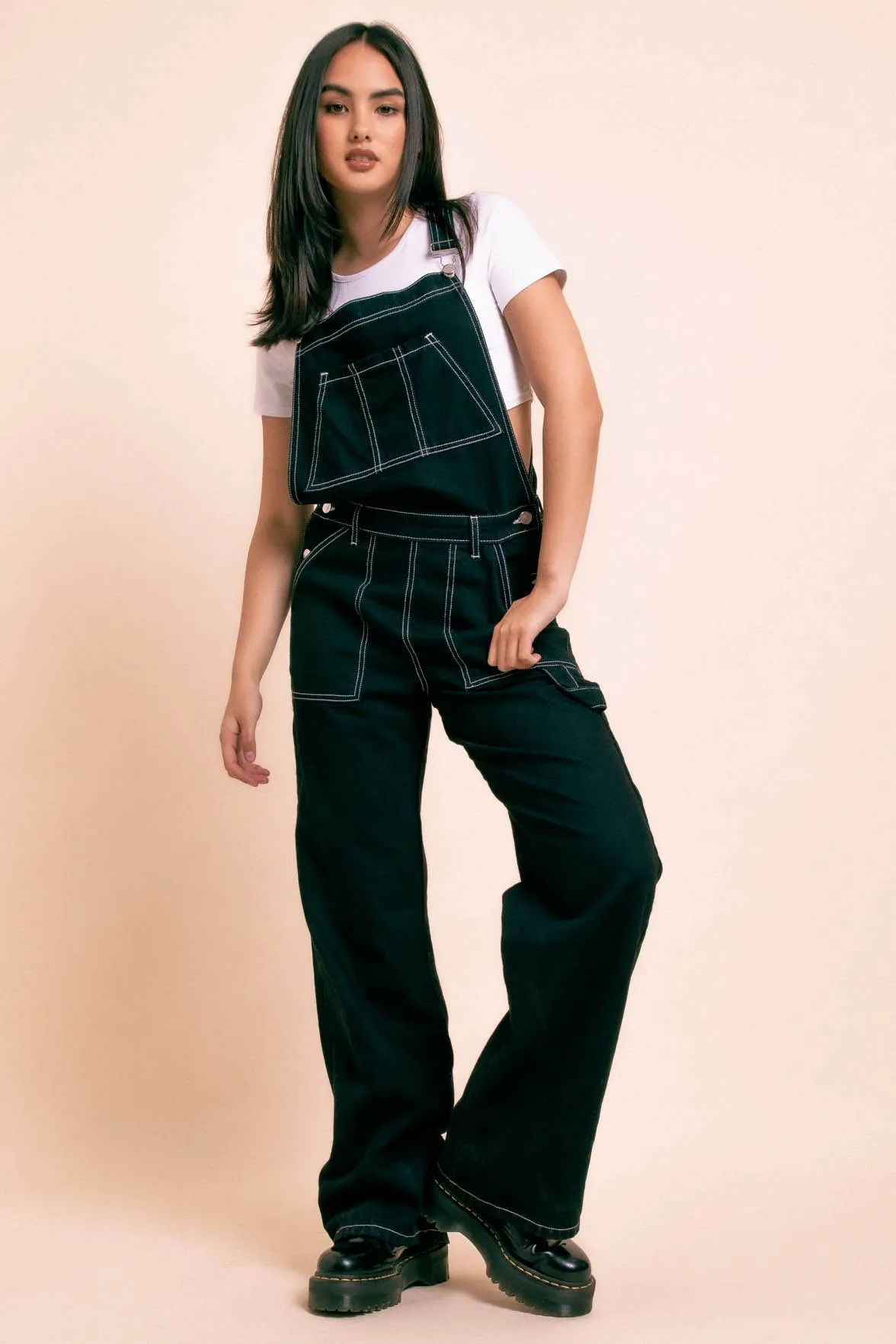 Daisy Street Denim Dungarees with Contrast Stitching and Star Pockets