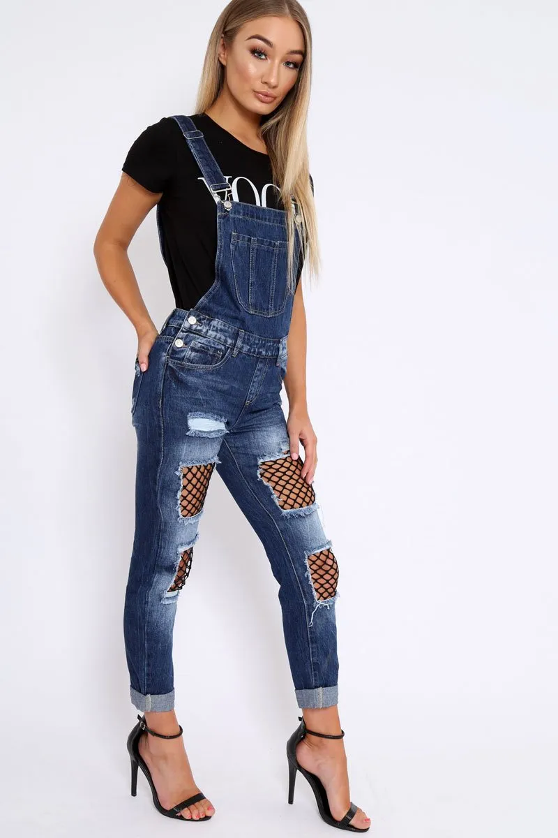 Dark Denim Fishnet Dungarees - Aily