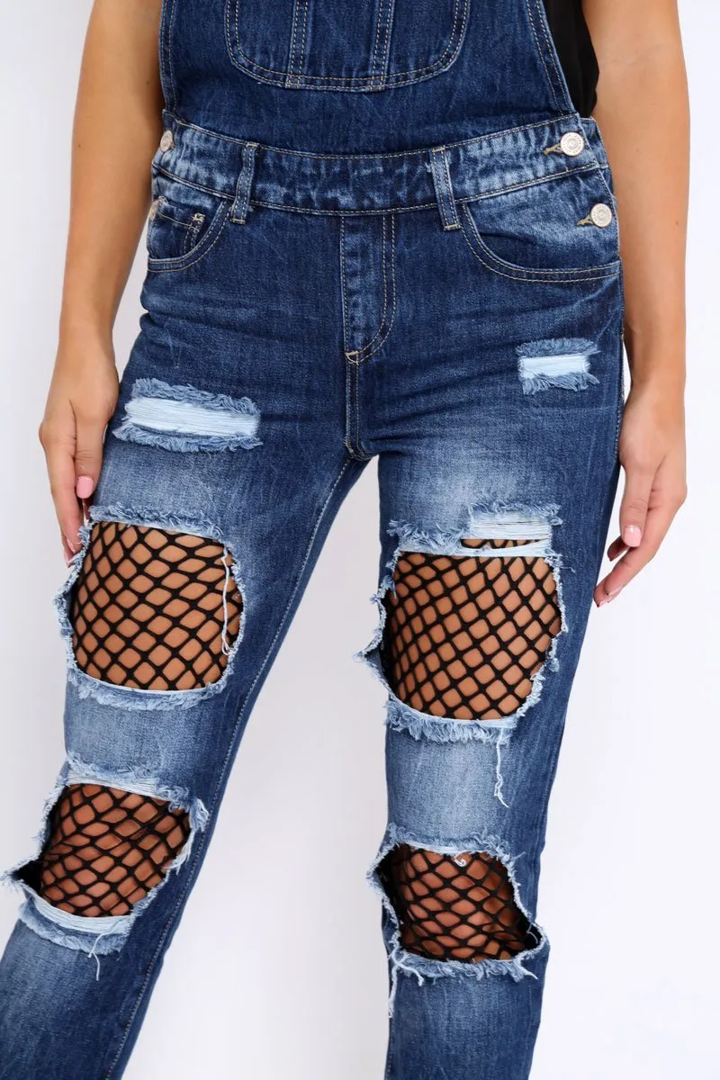 Dark Denim Fishnet Dungarees - Aily