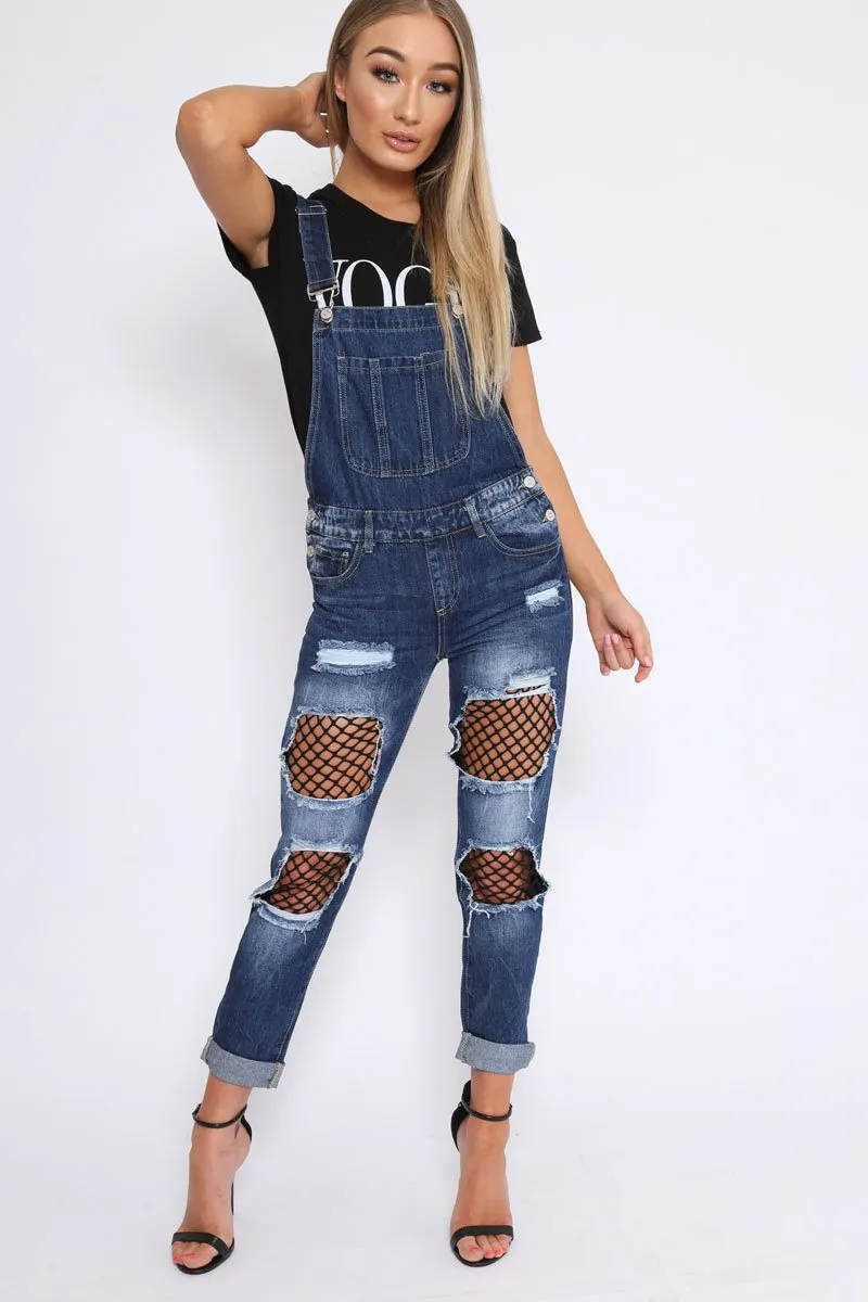 Dark Denim Fishnet Dungarees - Aily