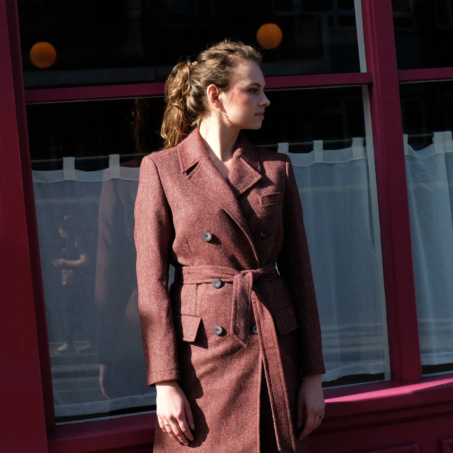 Double-Breasted Tweed Trench Coat in Burgundy Herringbone