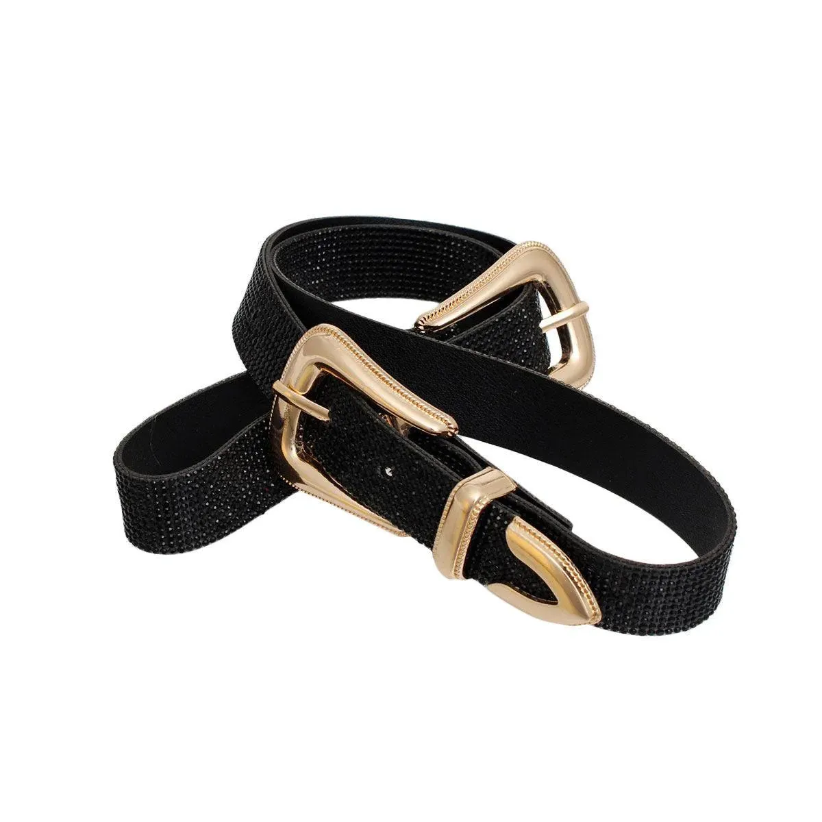 Dress in Style: Black Rhinestones Gold Double Buckle Ladies Belt