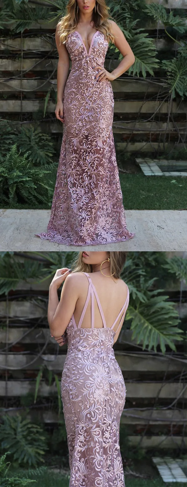 Dusty Rose Lace Spaghetti Strap Sheath Long Prom Dresses.PD00242