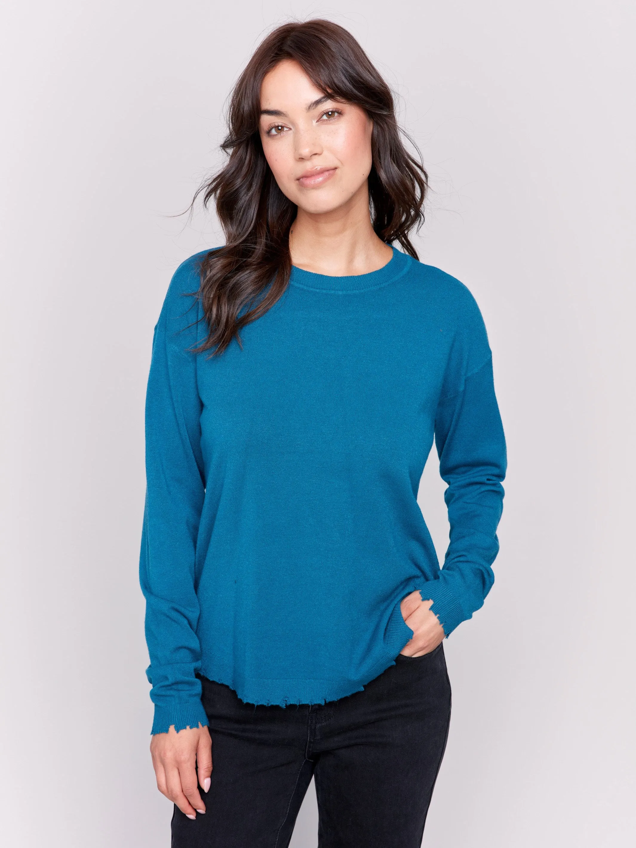 Frayed Edge Round Hem Sweater - Peacock