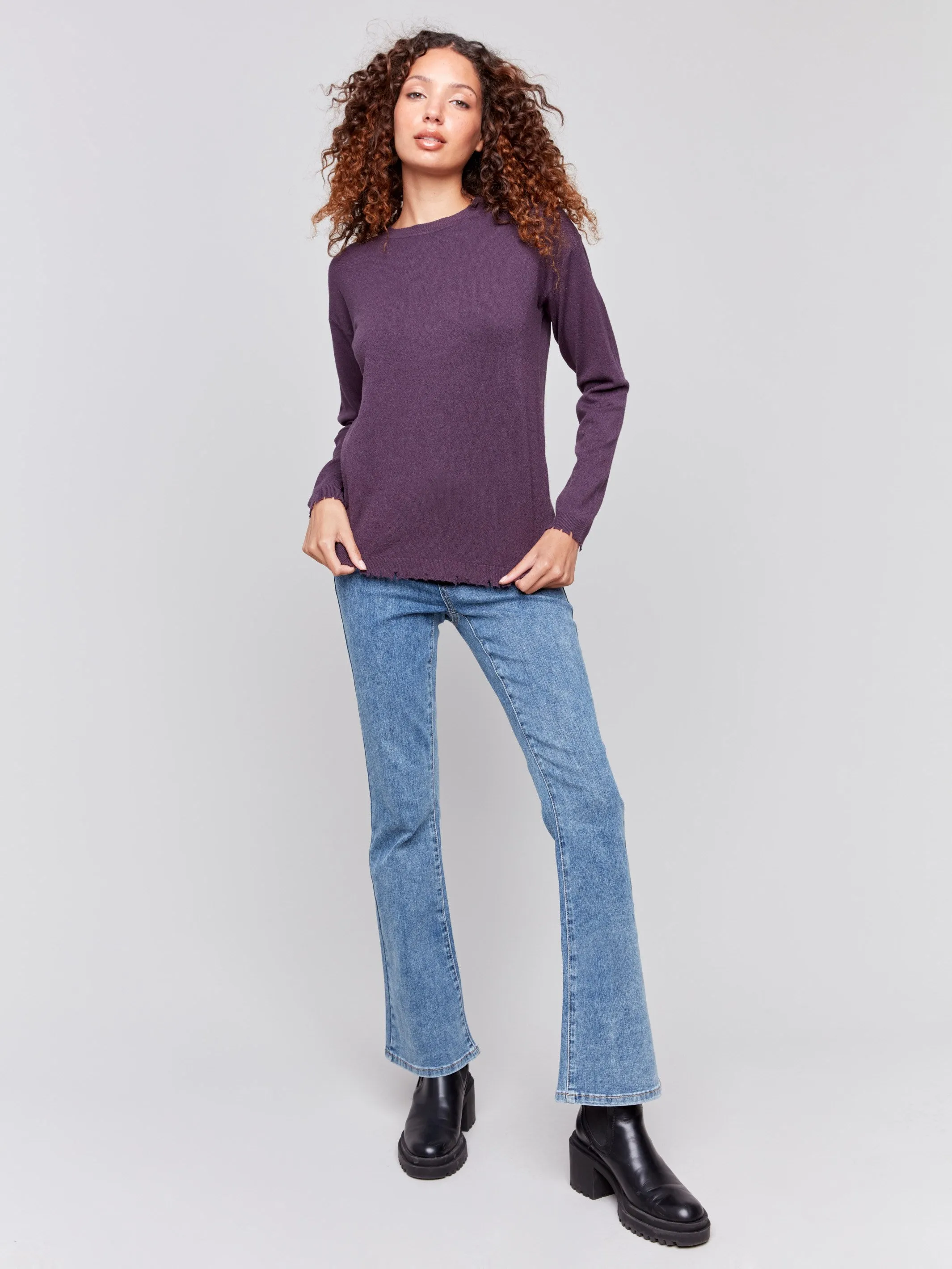 Frayed Edge Round Hem Sweater - Plum