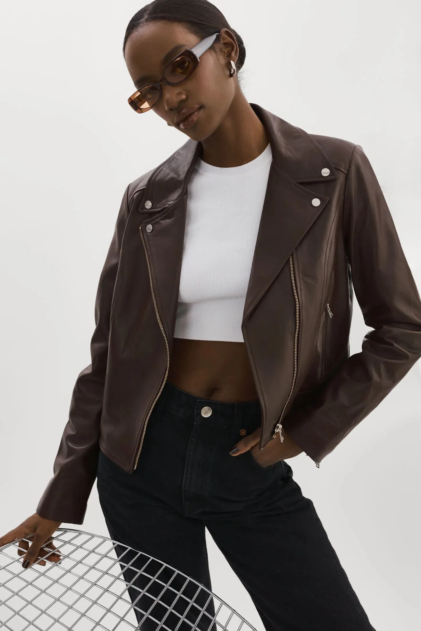 Kelsey Leather Biker Jacket - Mahogany