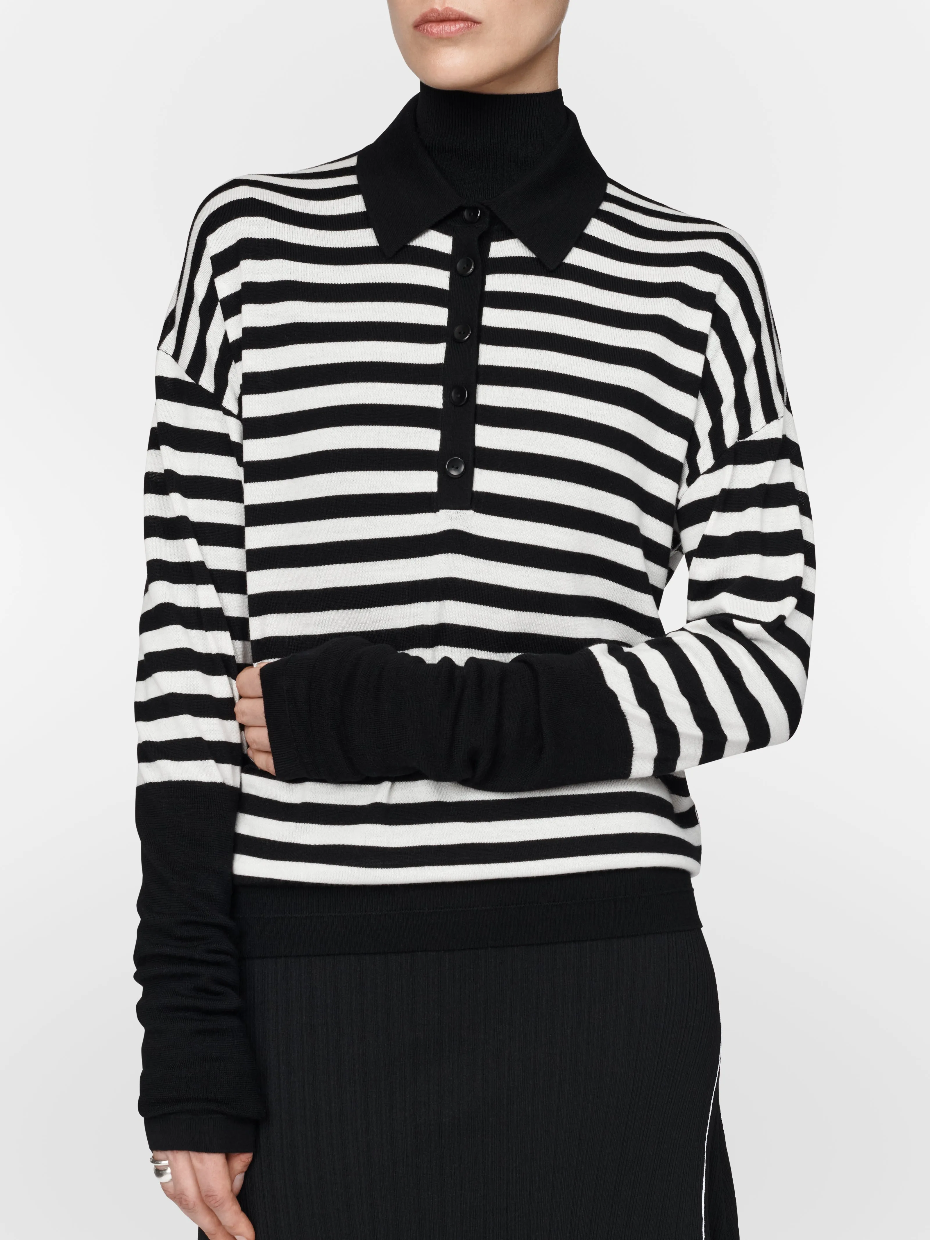 Long Sleeve Polo in Black Stripe