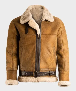 Men's Brown B3 Aviator Sheepskin Leather Jacket with Shearling Collar