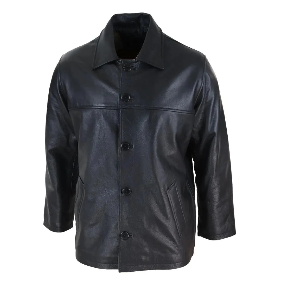 Mens Casual Real Leather Jacket Button Box Black Brown Mid Length Classic Coat