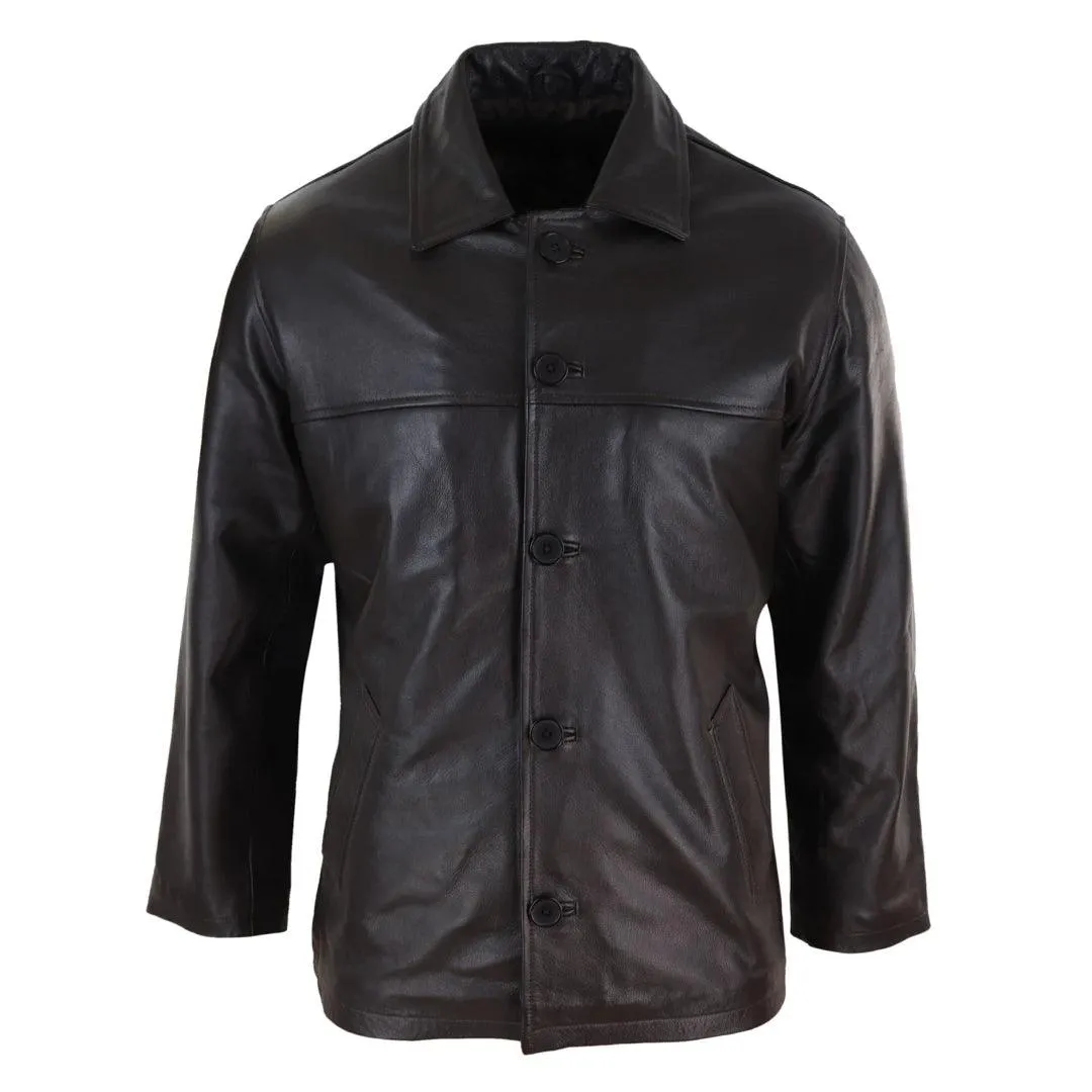 Mens Casual Real Leather Jacket Button Box Black Brown Mid Length Classic Coat