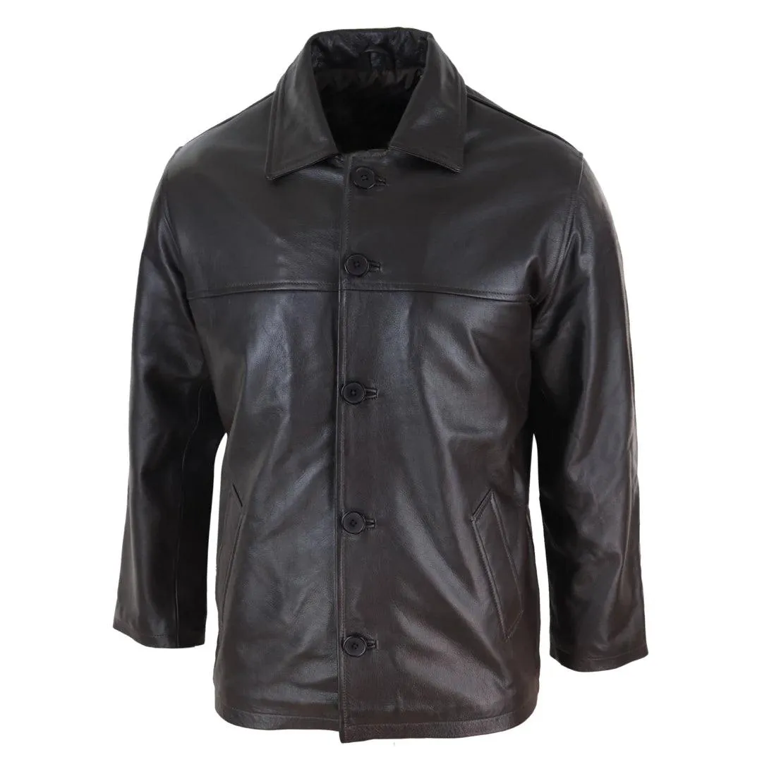 Mens Casual Real Leather Jacket Button Box Black Brown Mid Length Classic Coat