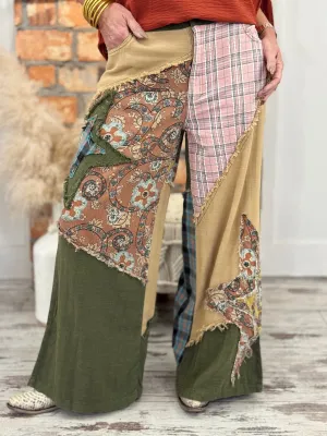 Mixed Patchwork Wide Leg Pants in Olive