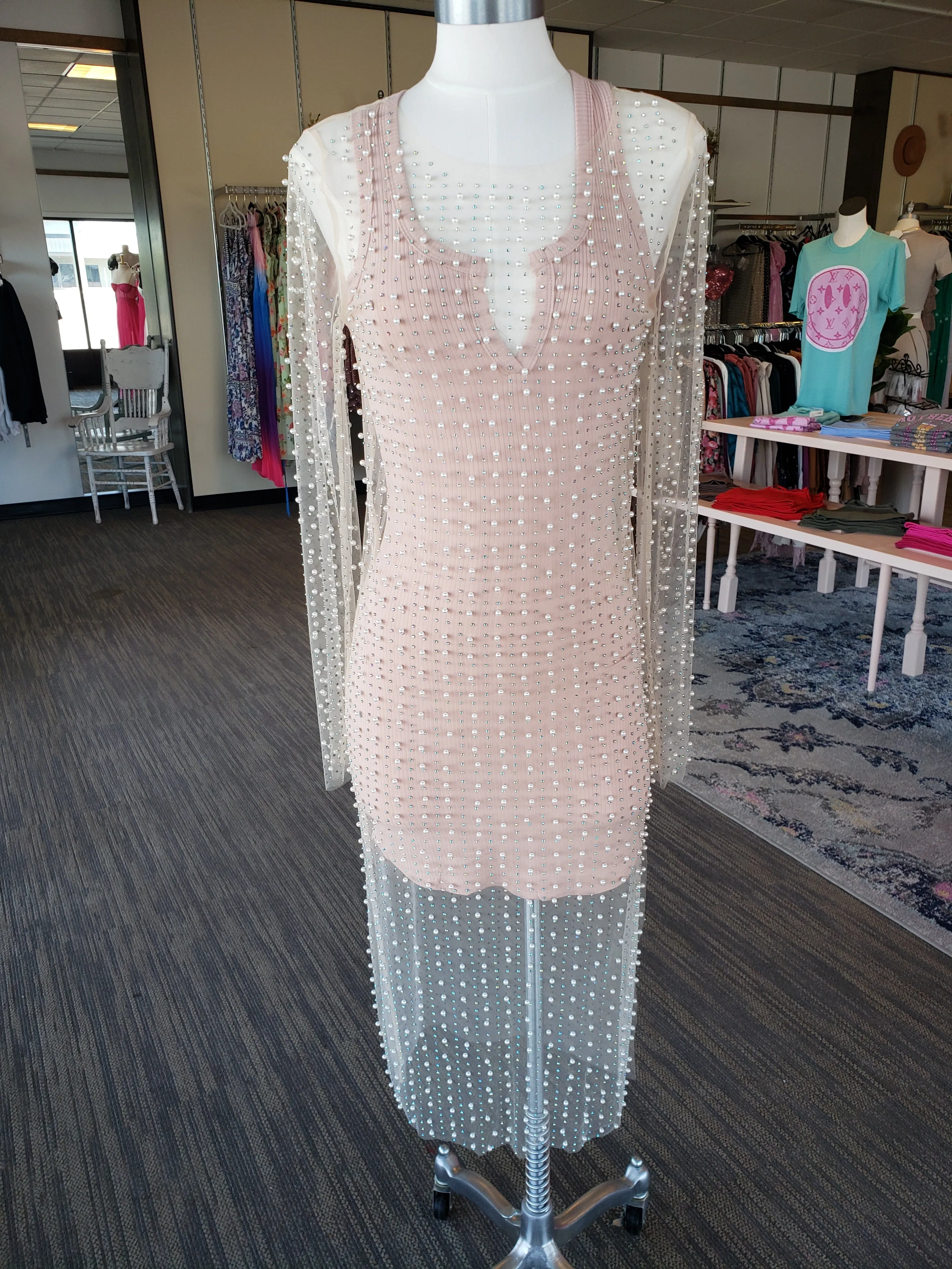 Nude Pearl Rhinestone Long Sleeve Mesh Dress