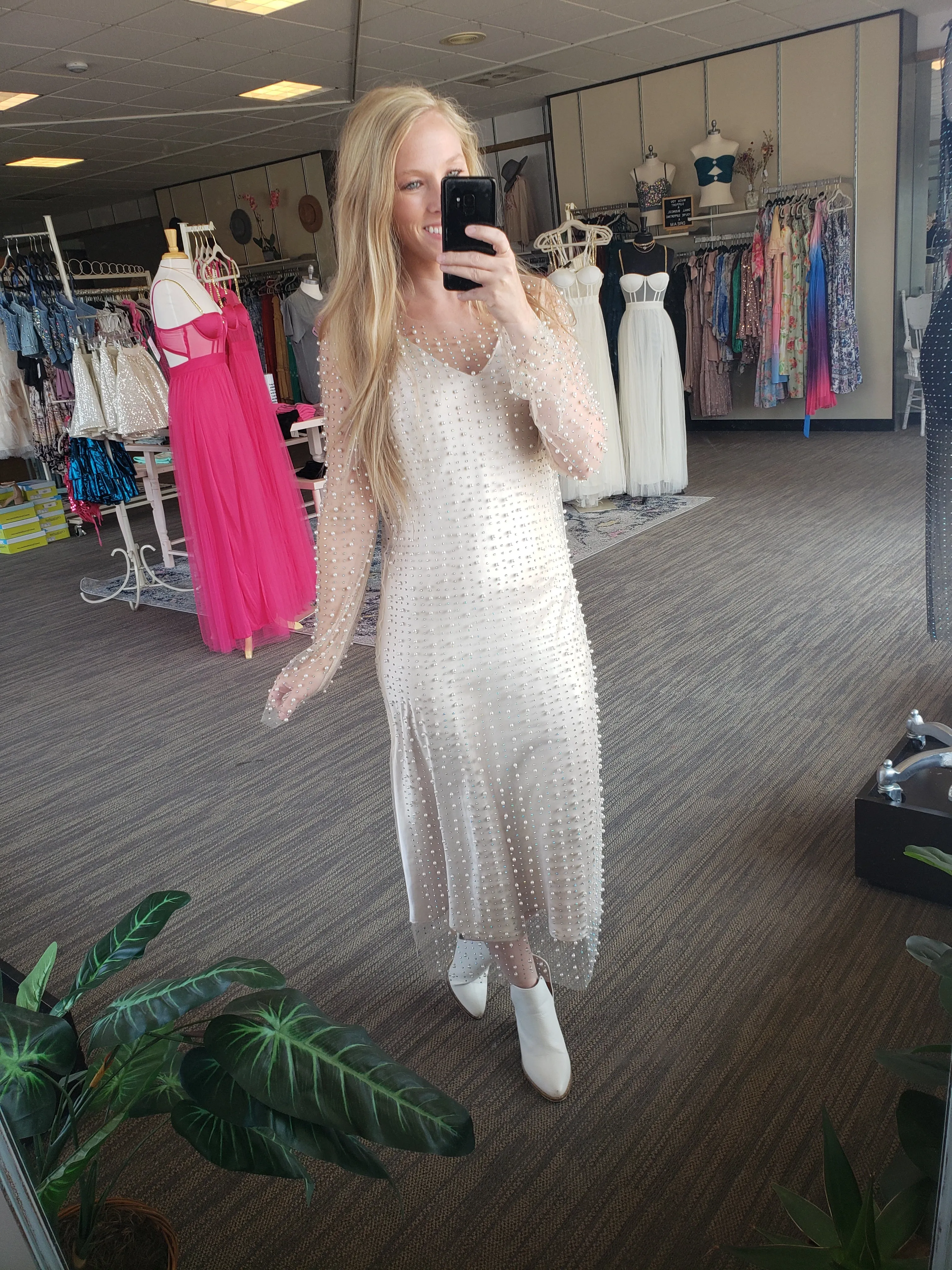 Nude Pearl Rhinestone Long Sleeve Mesh Dress