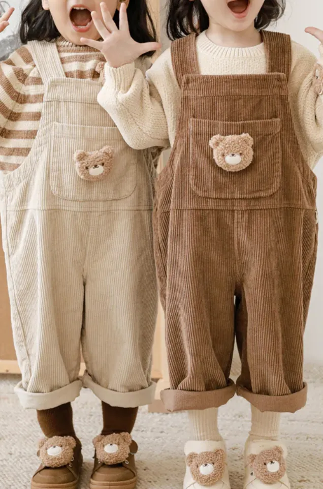 Petite Bear Corduroy Flap Pocket Front Overalls | Brown