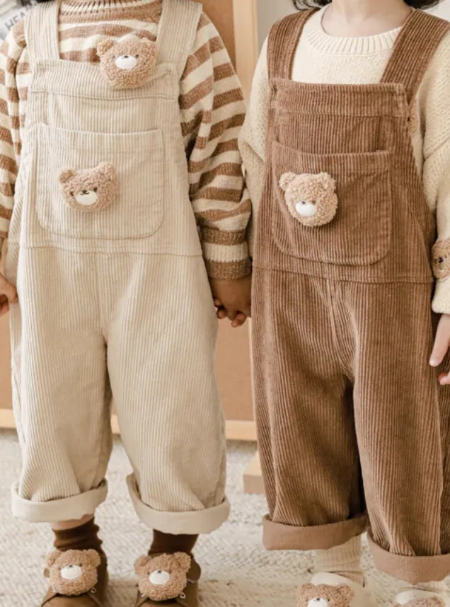 Petite Bear Corduroy Flap Pocket Front Overalls | Brown