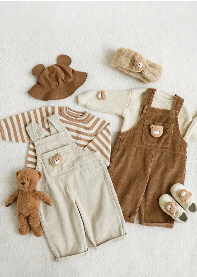 Petite Bear Corduroy Flap Pocket Front Overalls | Brown