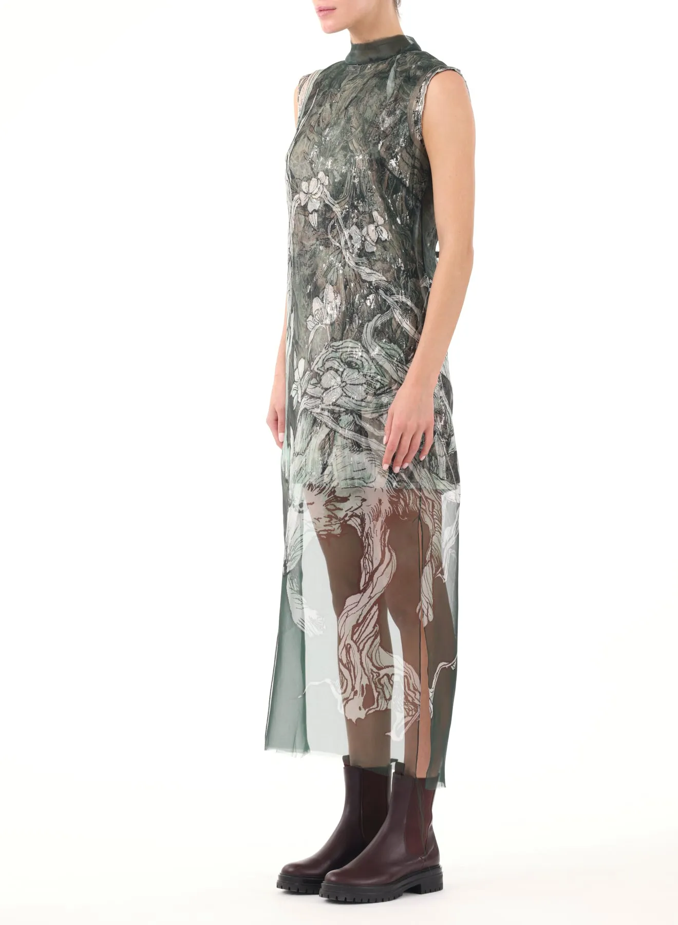 PRINTED ORGANZA SHEATH DRESS W/ CRINKLE FOIL UNDER