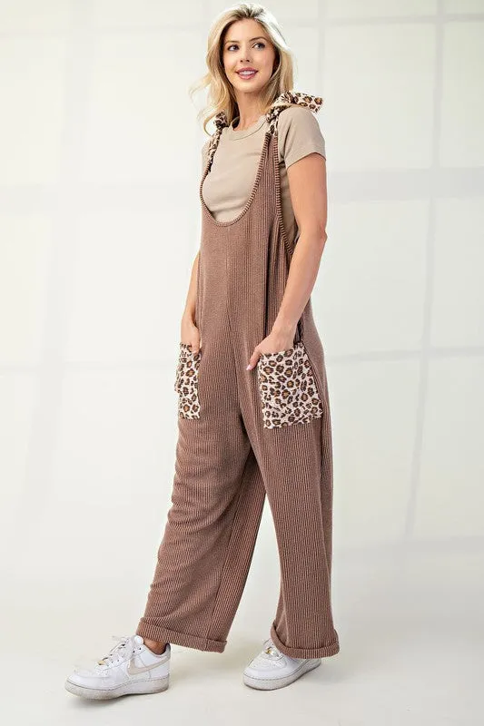 Ribbed Leopard Tied Shoulder Overalls