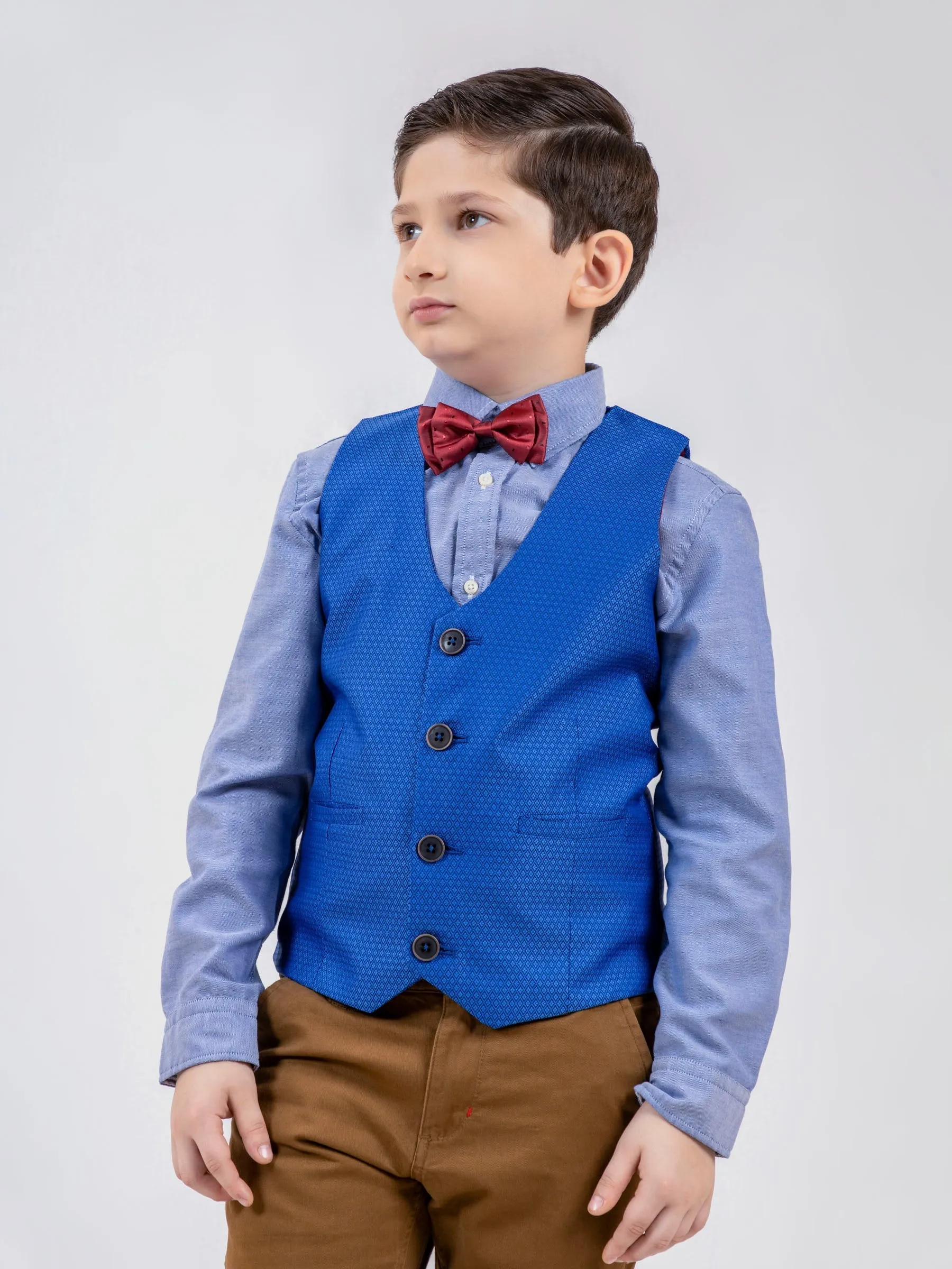 Royal Blue Geo Patterned Suit Vest With Bow