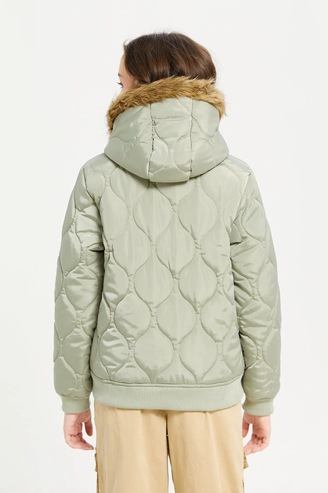 Senior Green Quilted Baseball Jackets With Hooded  Fur