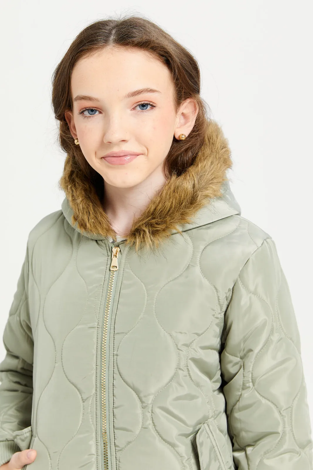 Senior Green Quilted Baseball Jackets With Hooded  Fur