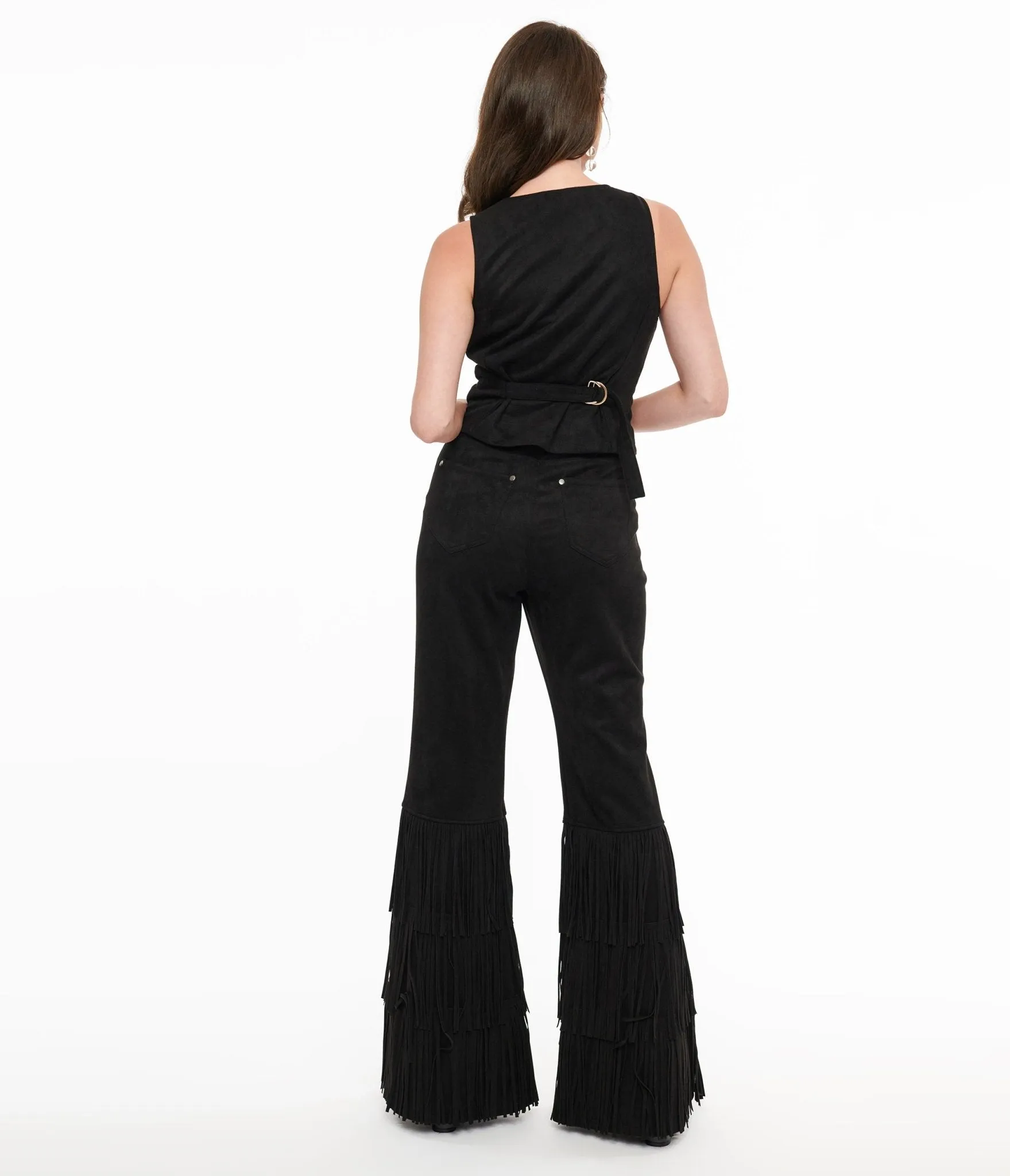 Smak Parlour 1970s Black Suede Tassel Flare Pants