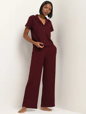 Superstar Maroon Waffle-Textured High-Rise Pants