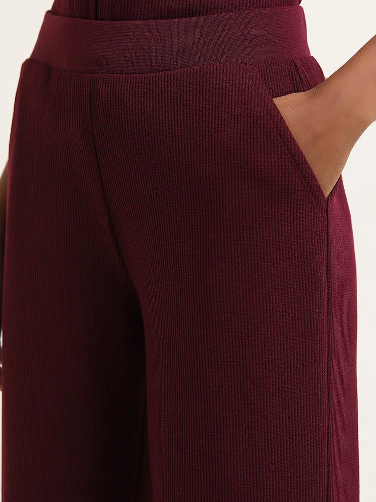 Superstar Maroon Waffle-Textured High-Rise Pants