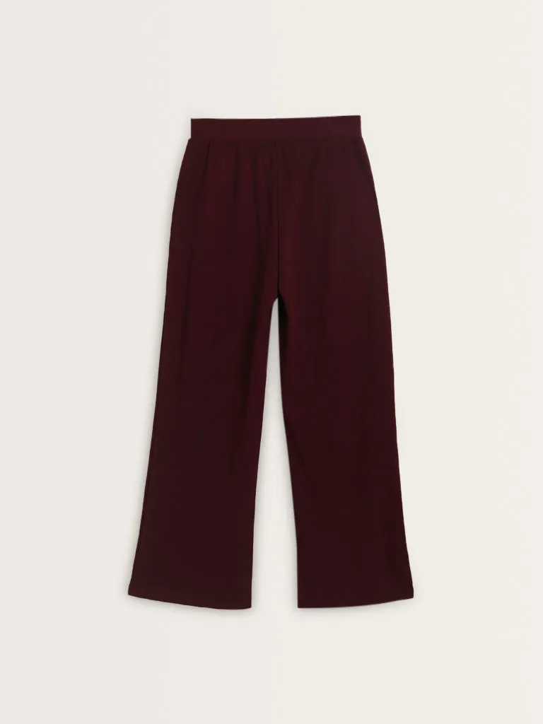 Superstar Maroon Waffle-Textured High-Rise Pants