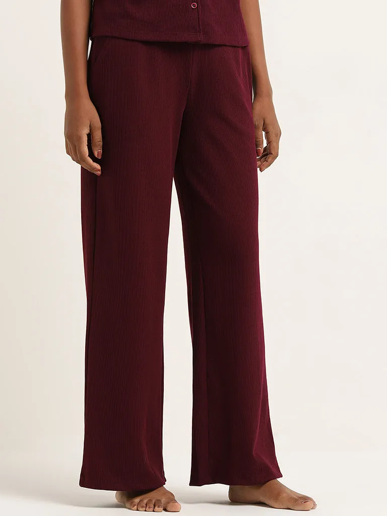 Superstar Maroon Waffle-Textured High-Rise Pants