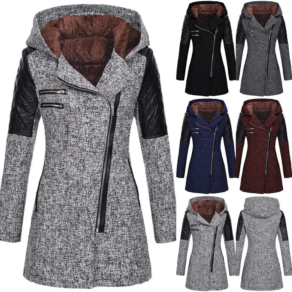 Women's autumn and winter mid length hooded loose diagonal zipper woolen trench coat composite plush cotton jacket