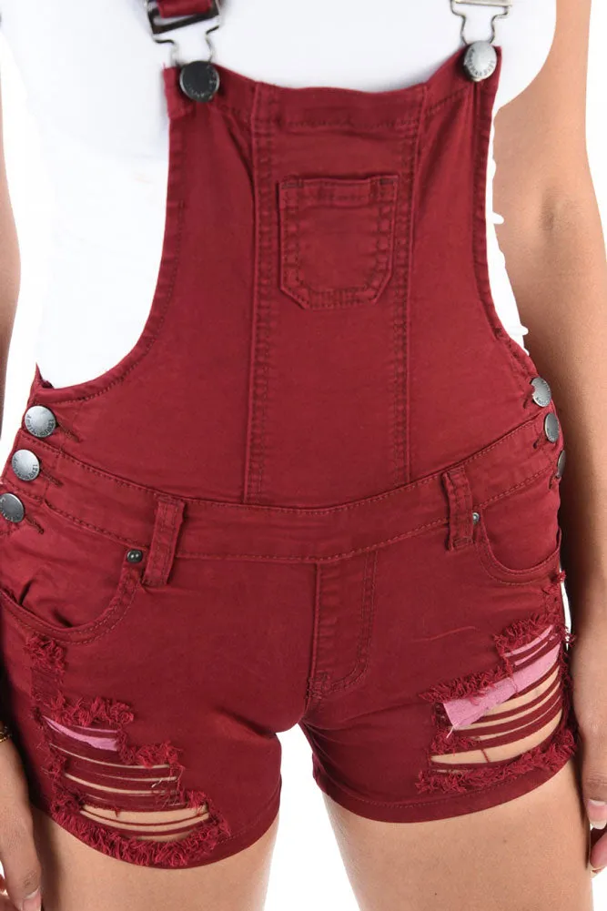 Women's Destroyed Color Denim Short Overalls