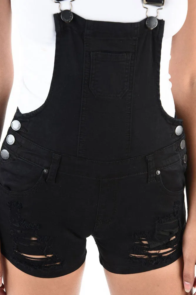 Women's Destroyed Color Denim Short Overalls