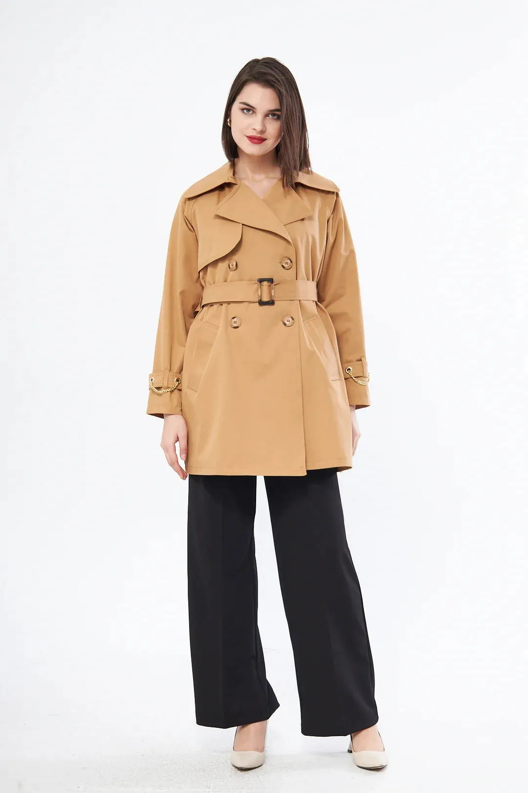 Women's Short Trench Coat with Chain Detail - Tan - SCB-W12403